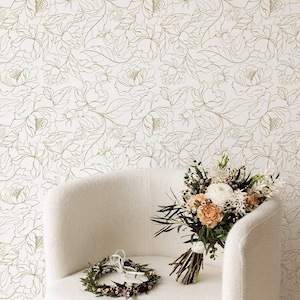 Faux Gold Peony Removable Wallpaper / Floral Removable / Regular Wallpaper / Flower Wall Mural / Floral Wallpaper