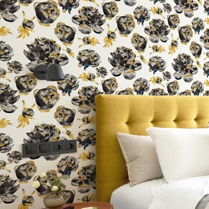 Gold Peony Wallpaper / Regular / Self Adhesive Removable Wallpaper / Flower Wall Mural / Floral Wallpaper