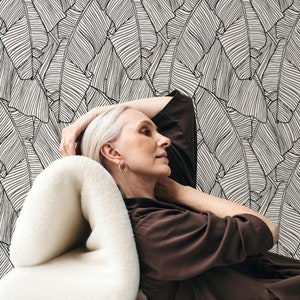 Black Banana leaf self adhesive wallpaper available removable and traditional material, tropical leaves wall mural