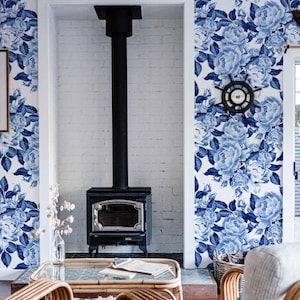 Blue flower self adhesive wallpaper and regular wallpaper