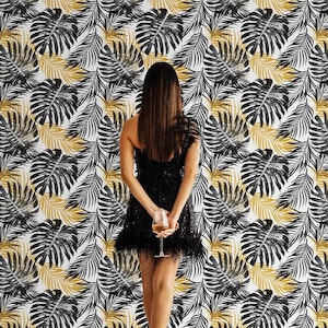Black & Gold Palm Leaf Wallpaper, removable and traditional wallpaper options