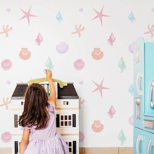 Coastal Nursery Wallpaper For Kids Room Dreamy Pastel Sea Shells Wallpaper, Coastal Design Wallpaper, Traditional and Peel & Stick Option
