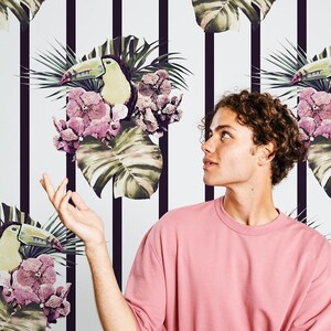 Tropical Palm Leaf Wallpaper, Pink Floral Toucan Removable Wall Covering