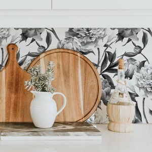 Grey Floral Peel and Stick Kitchen Backsplash - Vintage Peony Tile