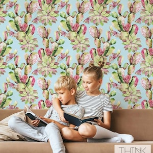 Watercolor Cactus Wallpaper/ Removable / Self-adhesive / Regular Wallpaper/ Floral Wall Décor / Flower Wallcovering