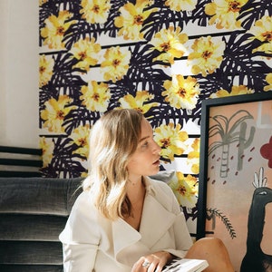 Yellow Floral Wallpaper Yellow Flower Wallpaper Peel Stick Removable Wallpaper Floral Accent Wall Covering Painted Floral Wallpaper Mural