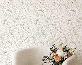 Faux Gold Peony Removable Wallpaper / Floral Removable / Regular Wallpaper / Flower Wall Mural / Floral Wallpaper