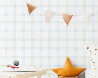 Green Blue Plaid Peel and Stick Wallpaper, Nursery Decor