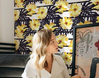 Yellow Floral Peel and Stick Wallpaper, Accent Wall Covering