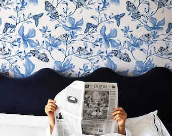 Blue Butterfly Floral Wallpaper, Vintage Peel and Stick, French Decor