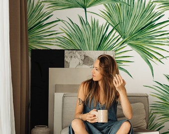 Tropical Palm Leaf Wallpaper Mural, Peel and Stick Jungle Accent Wall