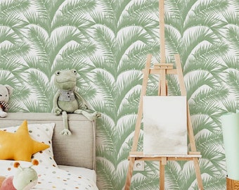 Kids Wallpaper Minty Pastel Green Jungle Leaves Wallpaper / Baby Bedroom Peel And Stick Wallpaper / Tropical Nursery Wallpaper