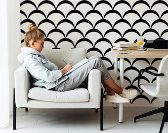 Black Scallop Art Deco Wallpaper, Minimal Self Adhesive or Regular Wallpaper, Art Deco Inspired