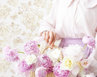 Carta da parati peonia ambrata gialla / Carta da parati floreale rimovibile o normale / Murale floreale / Carta da parati floreale