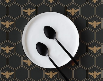 Honeycomb Bees Wallpaper, Faux Gold Art Deco Peel and Stick
