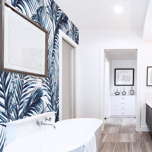 Blue Palm Leaf Removable Wallpaper / Tropical Traditional Etsy