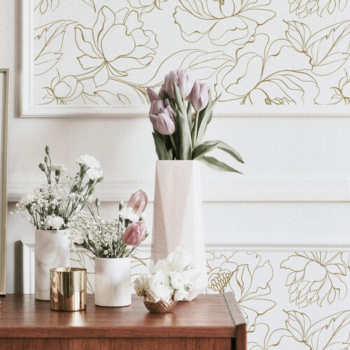 Faux Gold Peony Self Adhesive Wallpaper / Floral Removable / - Etsy Faux Gold Peony Self Adhesive Wallpaper / Floral Removable / - Etsy
