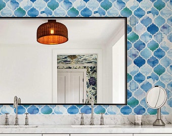 Papel tapiz para baño con azulejos marroquíes, protector contra salpicaduras, autoadhesivo, acuarela azul, impermeable, para tocador