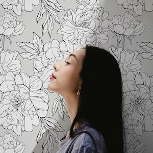Grey Peonies Peel and Stick Wallpaper Floral Design Wallpaper Wall Murals Peony Flower Accent Wall Idea Self Adhesive Removable Wallpaper
