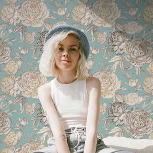 Vintage Blue Peony Design Self Adhesive Wallpaper Floral Removable / Regular Wallpaper / Flower Wall Mural / Floral Wallpaper