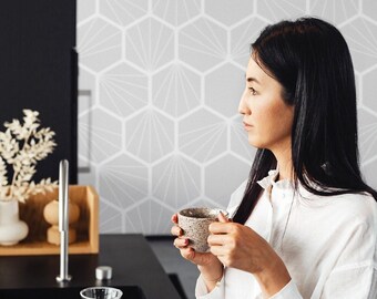 Grey Art Deco Geometric Temporary Wallpaper, Removable