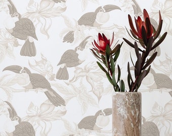 Cream Beige Bird Wallpaper - Peel and Stick, Removable