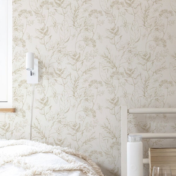 Französische Landhaus-Tapete, Vintage-Tapete mit botanischem Laub für Schlafzimmer, Wildblumen-Tapete zum Abziehen und Aufkleben, viktorianische neutrale Tapete