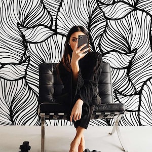 Oversized floral pattern wall mural, black and white flower wall mural, peel & stick and traditional wallpaper