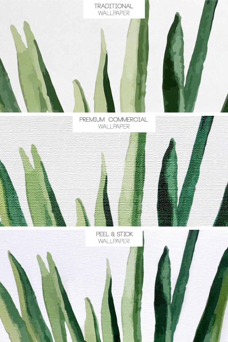 Puede incluir: Primer plano de un fondo blanco con hojas verdes de acuarela. El texto "TRADITIONAL WALLPAPER", "PREMIUM COMMERCIAL WALLPAPER" y "PEEL & STICK WALLPAPER" es visible en la imagen.