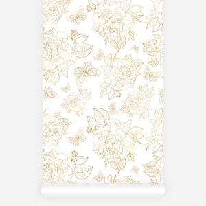 White background wallpaper with gold outline flower print