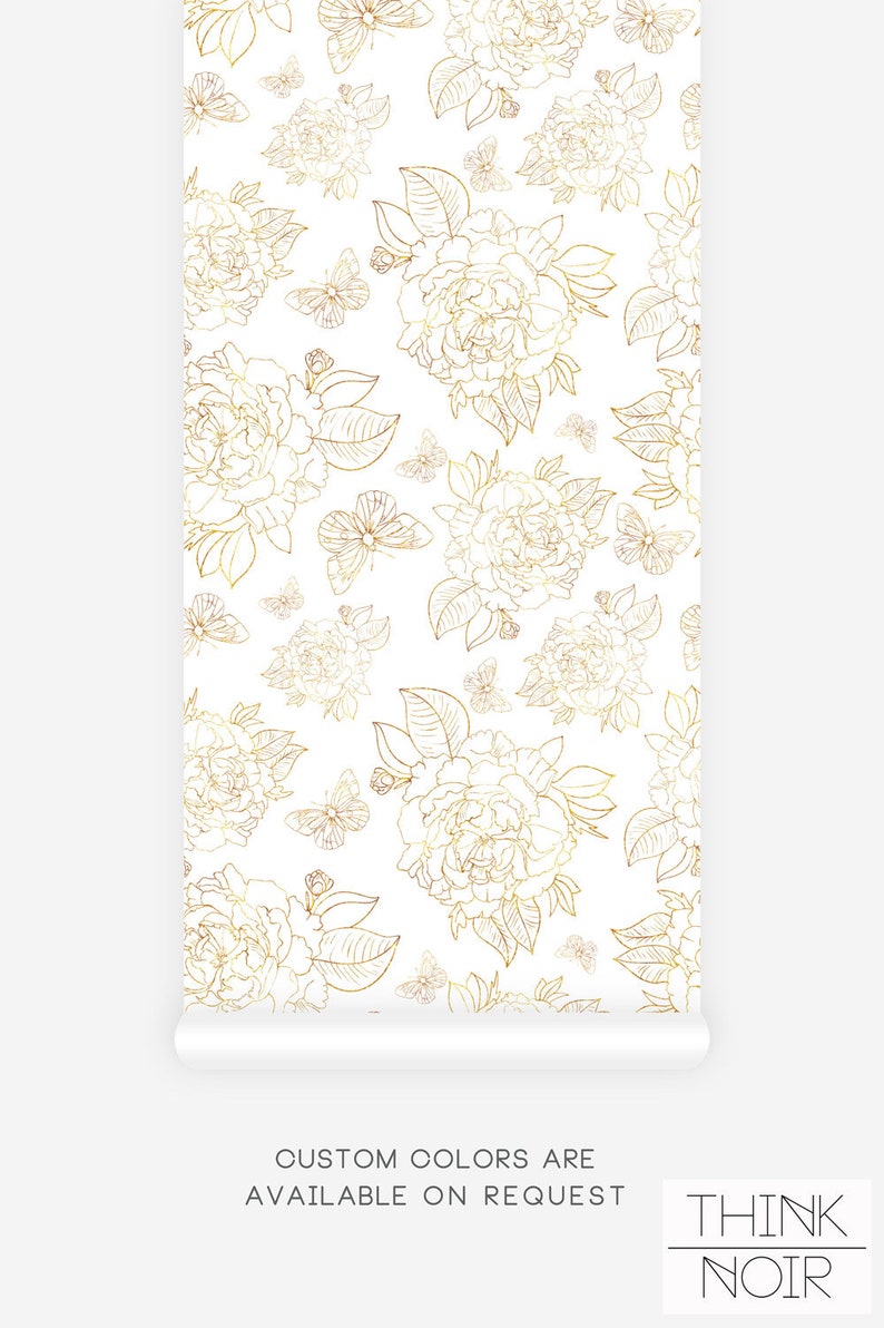 White background wallpaper with gold outline flower print