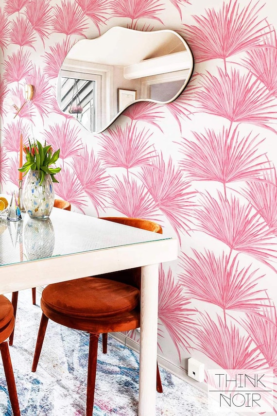 Pink Palm Springs Wallpaper Pink Girly Wallpaper Feminine Floral Wallpaper Accent Wall Pink Tropical Wallpaper Peel And Stick Botanic Mural