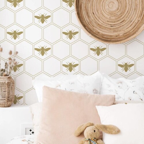 Gold Bees Nursery Wallpaper, Neutral Honeycomb, Peel and Stick