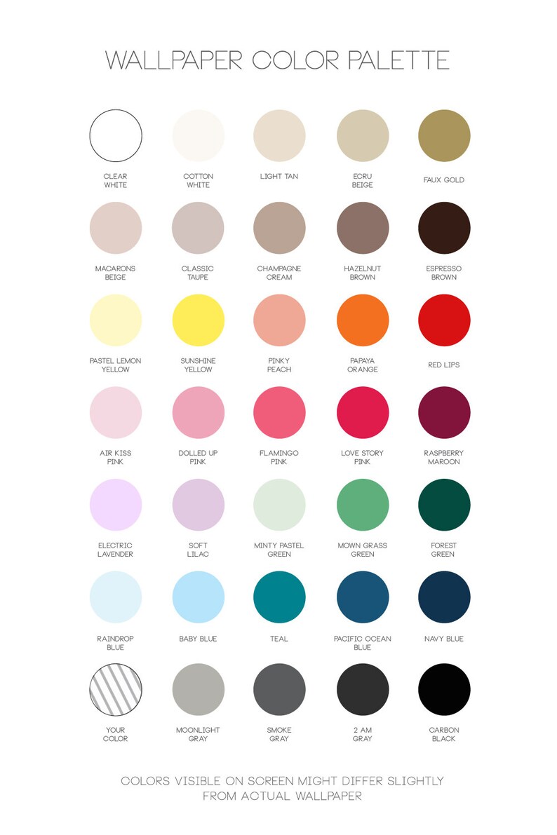 May include: A color palette chart with 36 different color swatches. Each swatch is labeled with a descriptive name, such as "Clear White", "Cotton White", "Light Tan", "Ecru Beige", "Faux Gold", "Macarons Beige", "Classic Taupe", "Champagne Cream", "Hazelnut Brown", "Espresso Brown", "Pastel Lemon Yellow", "Sunshine Yellow", "Pinky Peach", "Papaya Orange", "Red Lips", "Air Kiss Pink", "Dolled Up Pink", "Flamingo Pink", "Love Story Pink", "Raspberry Maroon", "Electric Lavender", "Soft Lilac", "Minty Pastel Green", "Mown Grass Green", "Forest Green", "Raindrop Blue", "Baby Blue", "Teal", "Pacific Ocean Blue", "Navy Blue", "Your Color", "Moonlight Gray", "Smoke Gray", "2 AM Gray", and "Carbon Black". The chart is titled "Wallpaper Color Palette".
