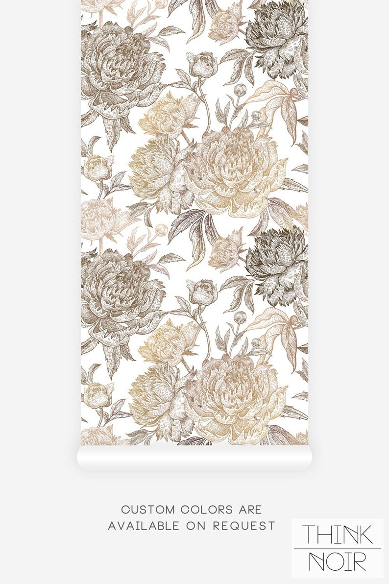 Botanical pattern Think Noir wallpaper panel in faux gold and rusty colors.