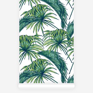 Palm leaves pattern Think Noir wallpaper in green and white.