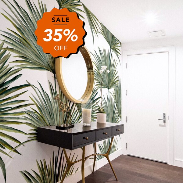Exotic palm leaf wall mural, available in removable and traditional wallpaper material, tropical palm print wall mural