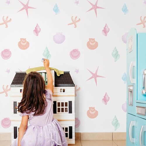 Coastal Nursery Wallpaper, Pastel Sea Shells, Peel and Stick Option