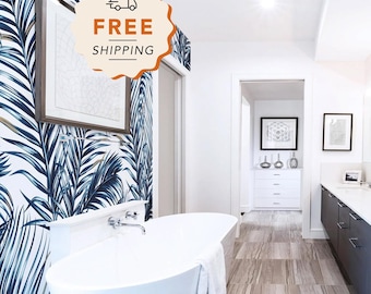 Blue Palm Leaf Wallpaper - Tropical Peel and Stick Bathroom Decor