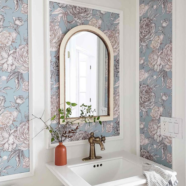 Powder Room Floral Wallpaper Blue Peony Peel And Stick Wallpaper Chinoiserie Self Adhesive Temporary Wallpaper For Bathroom Backsplash Wall