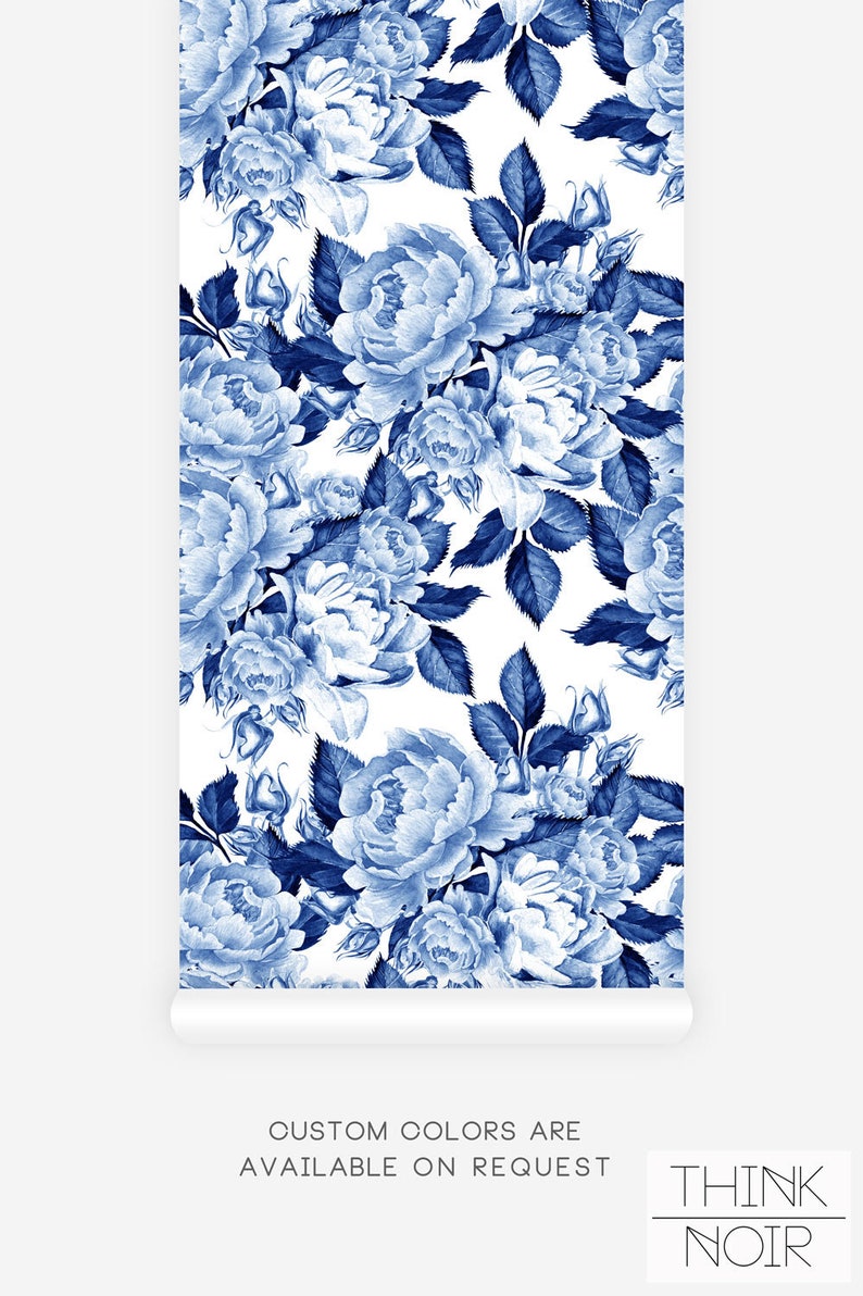 Royal blue large peony pattern Think Noir wallpaper.
