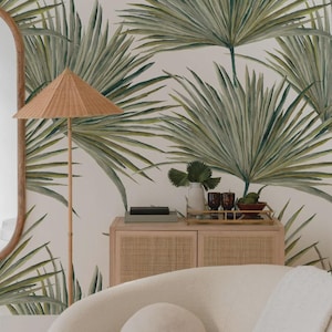 Exotic palm leaf wall mural, available in removable and traditional wallpaper material, tropical palm print wall mural