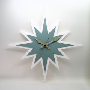 One of 1, Laser Cut 1950&#39;s Style Atomic era Sunburst Spike wall clock, Mid-Century, 1960&#39;s, Handmade, USA