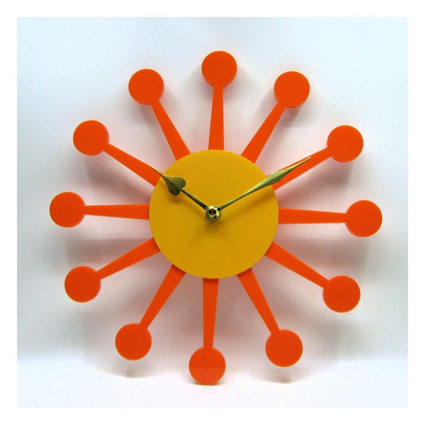 1950's Style Atomic-era Sunburst wall clock, Handmade, Mid-Century, 1960's, USA, MCM, orange