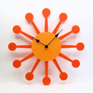 Laser Cut Atomic Sunburst Wall Clock: Mid-Century Modern Orange