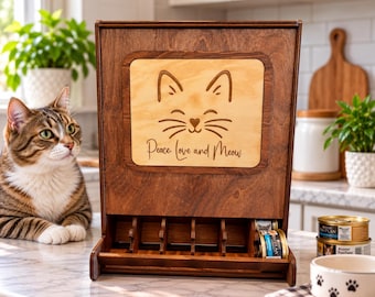 May include: A dark brown wooden cat food dispenser with a light wood panel featuring an engraved cat face and the text Peace Love and Meow. The dispenser has five vertical slots for storing round cat food cans and a bottom tray for dispensing.