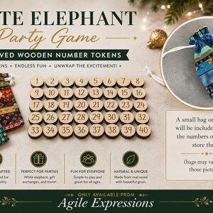 May include: A White Elephant Party Game set featuring forty circular wooden tokens engraved with numbers one through forty, accompanied by two colorful fabric drawstring bags with geometric patterns for storage and drawing tokens.