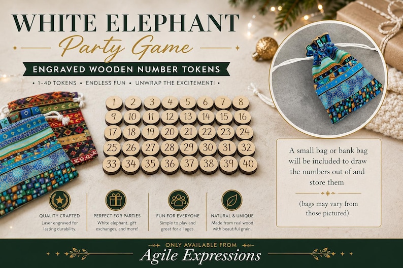 May include: A White Elephant Party Game set featuring forty circular wooden tokens engraved with numbers one through forty, accompanied by two colorful fabric drawstring bags with geometric patterns for storage and drawing tokens.