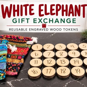 May include: A set of twenty round, light-colored wooden tokens, each engraved with a number from 1 to 20, arranged in a grid. Beside the tokens is a fabric drawstring bag featuring a colorful, multi-patterned design with blue, red, and gold.
