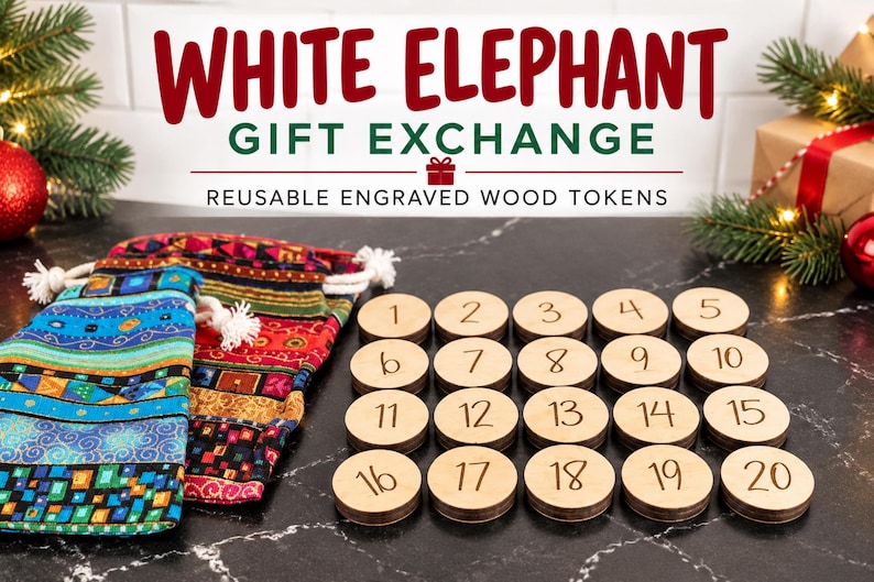 May include: A set of twenty round, light-colored wooden tokens, each engraved with a number from 1 to 20, arranged in a grid. Beside the tokens is a fabric drawstring bag featuring a colorful, multi-patterned design with blue, red, and gold.